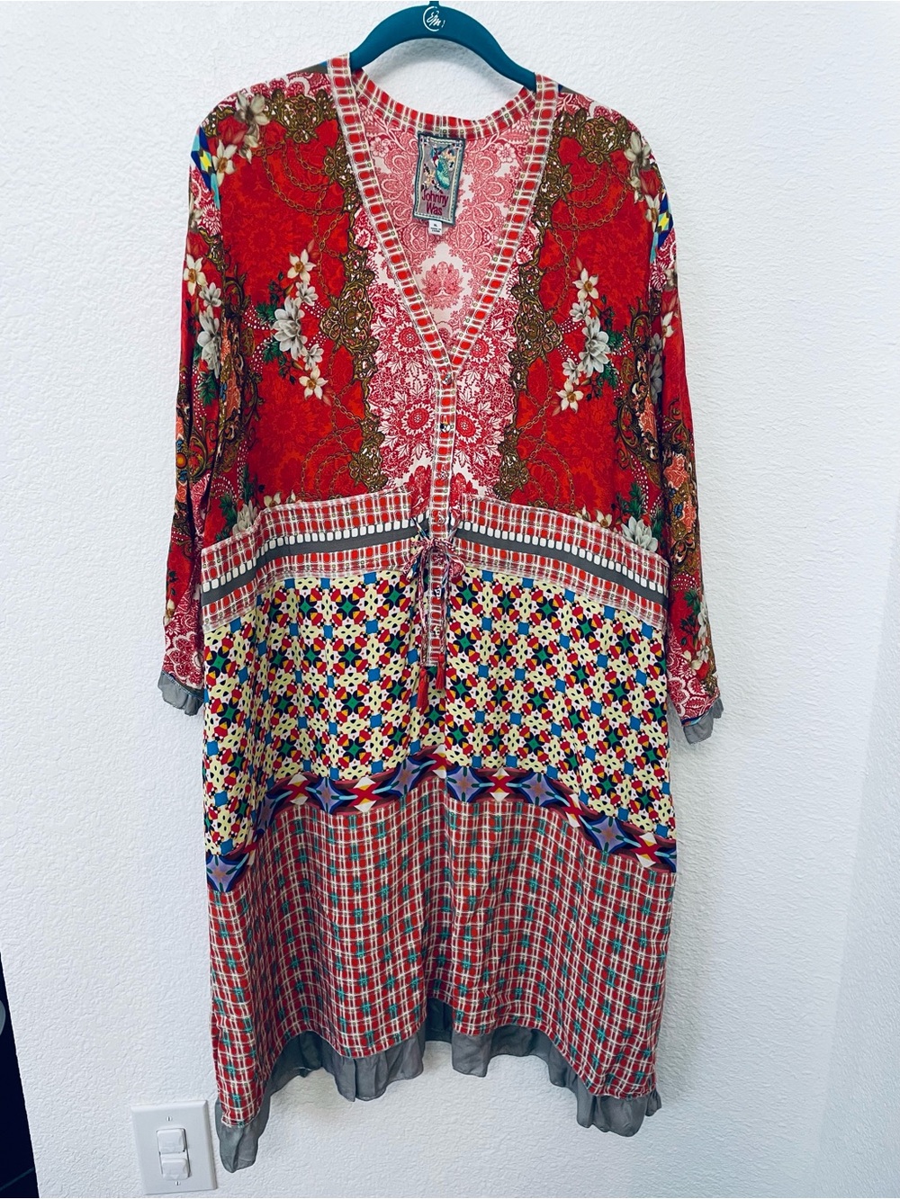 Johnny Was Red Floral Patchwork Long Sleeve Dress